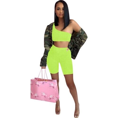 Tracksuit Women 2021 Casual Fitness High Elasticity Knit Rib One Shoulder Crop Top + Biker Shorts Bodycon Two Piece Set Outfits