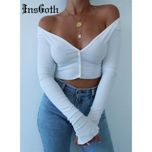 Women Long Sleeve Crop Tops Sexy Deep V Neck Basic Solid Black White Lady Casual Tshirt Sexy Off Shoulder T Shirts Summer Autumn