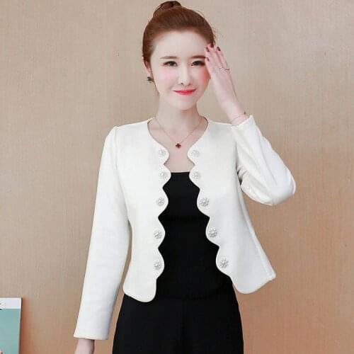 Women faux suede elegant white jacket o neck bolero cloak coat office lady outwear suit jacket open stitch scallop pearl beading