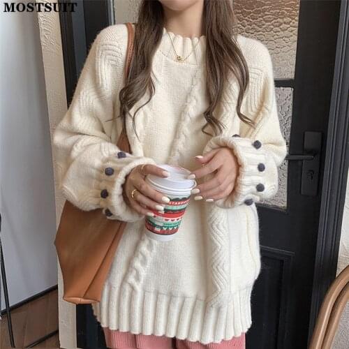 Winter Warm Sweater Pullover 2021 Full Sleeve O-neck Thicken Loose Solid Jumpers Fashion Vintage Chic Soft Female Tops Knitwear