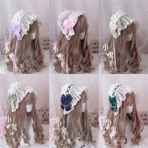 10 Color Annies breakfast Cosplay Sweet Lolita Handmade Lolita Bonnet Lace Bowknot Pearl Chain Princess Womens Retro Headwear