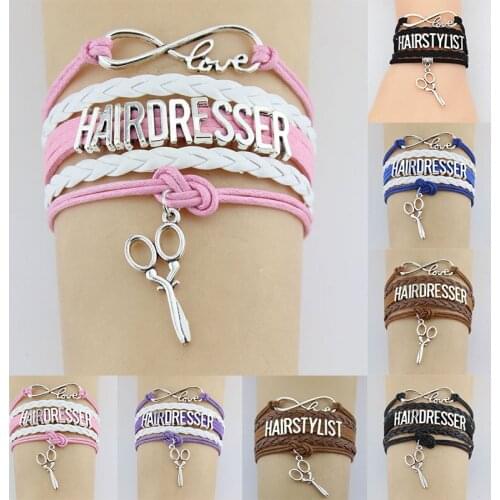 10PC Silver Plated Infinity Love Hairdresser Hairstylist Scissors Charms Bracelet Adjustable Leather Bracelets Women Men Jewelry