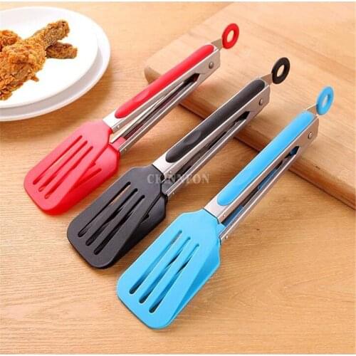 200Pcs/Lot Silicone Kitchen Cooking Salad Serving BBQ Tongs Stainless Steel Handle Utensil Random Color