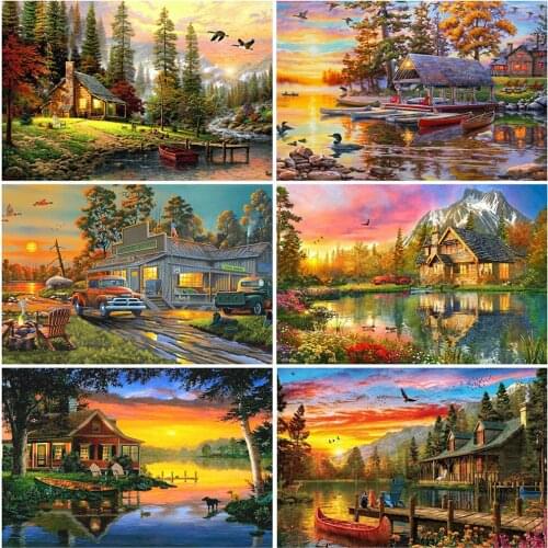 KAMY YI Landscape Lakeside Cabin Diamond Painting Cross Stitch Full Diamond 5D Diy Embroidery Mosaic Art Craft Home Decoration