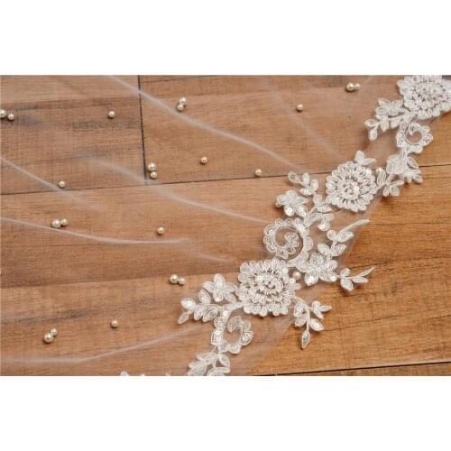 White/Ivory Bridal Veil With Comb Cathedral With Pearls Applique Sequins Lace Edge Velos de Noiva Wedding Veil for Bride 3Meters