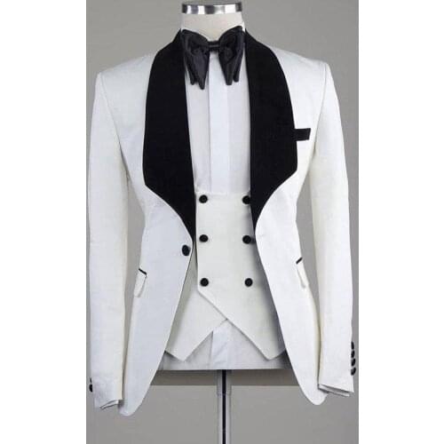 White Blue Men Suits Black Satin Shawl Lapel Groom Wedding Tuxedos Groomsmen Outfit Slim Fit trajes de hombre Costume 3 Pieces