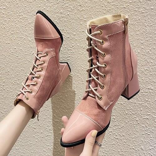 Ankle Boots Women Fashion Pointed Toe High Heel Shoes Winter Ankle Boots Lace up zip Ladies Shoes black pink