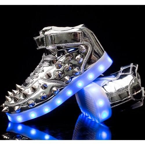 Mens Unisex Rivets Studs Ankle Boots LED USB Charged Bling Leather Casual High Top Lace Up Shoes Korean Style 7Colors New