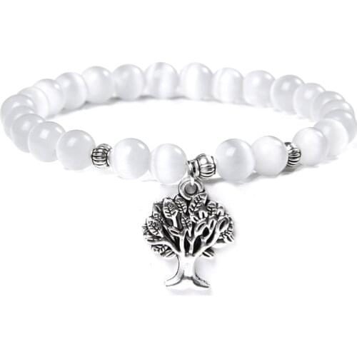Life Tree Charm Bracelets For Women 2020 Vintage Elastic Bracelet 8 mm Polished Cat Eye Stone Beads браслет Men Buddhism Jewelry