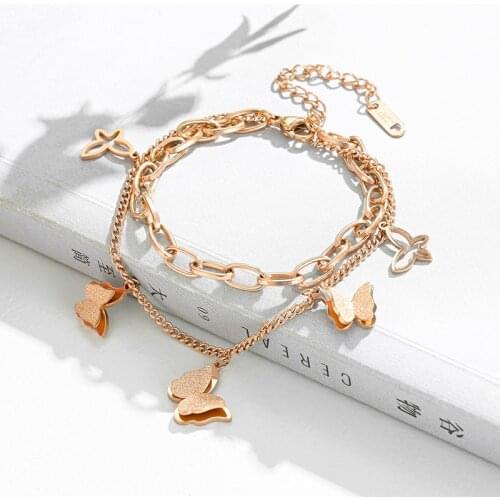 MEYRROYU Stainless Steel 3 Colors Double Layer Butterfly Bracelets Trendy Thick Chain 2021 New For Women Fashion Party Jewelry