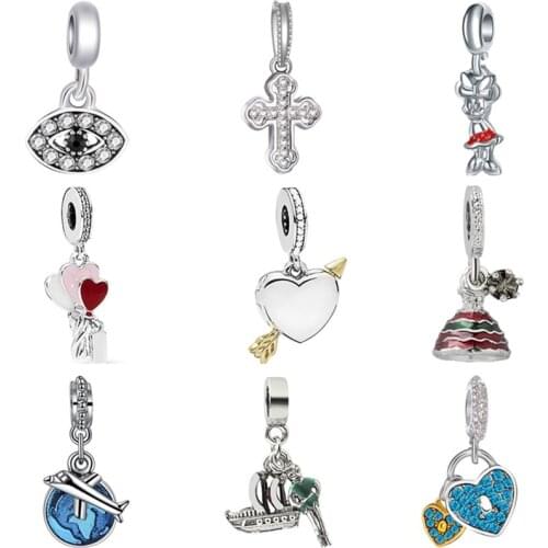 Btuamb New Fashion Crystal Dress Aircraft Owl Evil Eyes Cross Heart Beads Fit Pandora Charms For Women DIY Trinket Jewelry