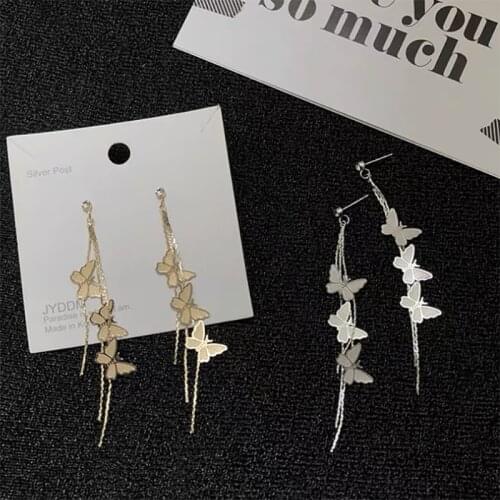 Elegant Long Chain Tassels Gold Color Jewelry Stud Earrings For Female Fashion Rhinestone Metal Butterfly Sweet Girls Pendientes
