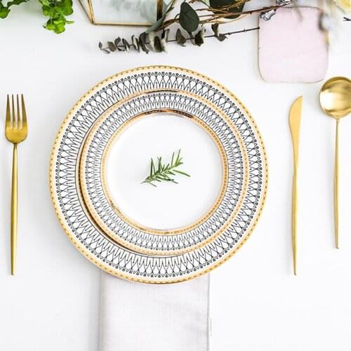 European Gold Pearl Glass Inlaid Steak Dishes Plate Salad Dishes Party Wedding Event Decoration Cutlery Gift Dinner Plates