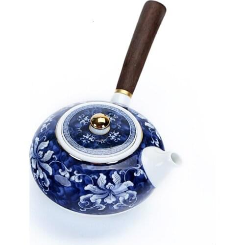 Blue and white porcelain side ceramic pot black sandalwood Kungfu teapot household large tea ceremony maker Japanese teaware