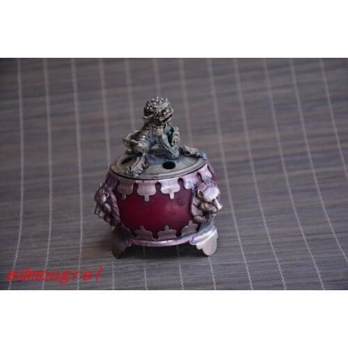 Collectable old Silver & jade Incense Stove\Censer,lion, red jade,Decoration,Free Shipping