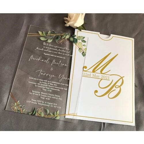Gold Initials Logo Pocekt Envelopes,10pcs Custom Greeney Leaf Wedding Acrylic Invitations,White Ink Acrylic Invitations Cards