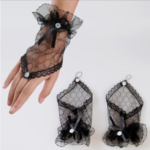 Trendy White Black Red Color Bride Party Gloves Fingerless Sexy Lace Short Bow Gloves for Women Party