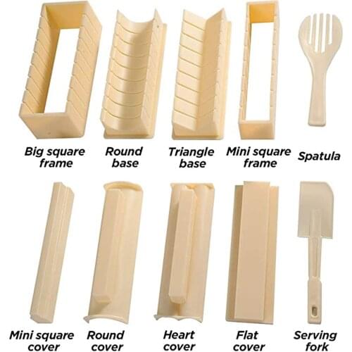 Sushi Making Kit 10 Pieces Plastic DIY Home Sushi Maker Tool Complete with Sushi Rice Roll Mold Shapes Fork Spatula, White