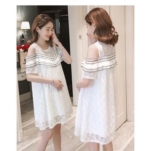 New maternity dress female fashion stitching lace top loose long paragraph off-the-shoulder short-sleeve dress tide explosion