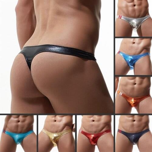 Men Fashion Sexy Patent leather Bikini Briefs Low Waist Seamless Thin Shiny Panties Bulge Pouch Thongs Underwear Lingerie T-back