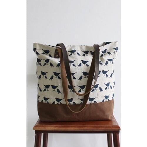 Original Design Handmade Little Bird Floral Print Canvas Linen Tote Womens Handbag Purse Shoulder bag Totes Leather Straps