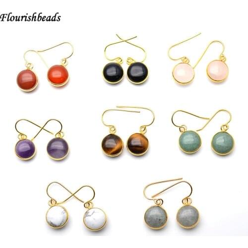 Various Natural Semi Precious Stone Flat Round Beads Hook Earrings Fashion Woman Jewelrys
