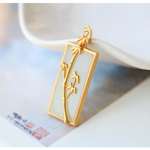 S925 Silver Plated Inlaid Hetian Jade Fresh and Elegant High-Rise Bamboo Square Lucky Pendant Ladies' Pendant