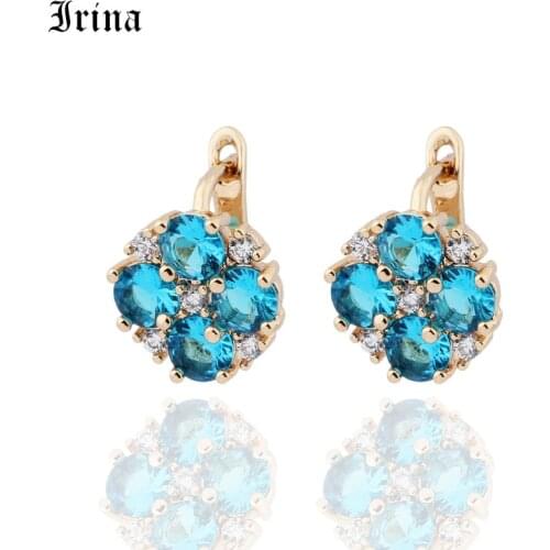 Irina Lucky Four Leaf Clover Round Cut Blue CZ Gold Color Small Hoop Earrings For Girls Party Jewelry