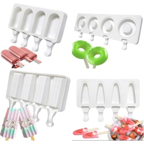 Meibum Silicone Popsicle Moulds 4 Cavity Donuts Shape Ice Cream Molds Ice Cube Tray Summer Freezer Juice Jelly Tools and Sticks