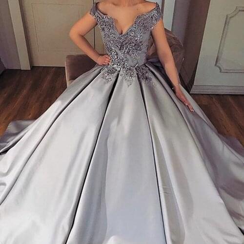 SuperKimJo Gray Ball Gown Prom Dresses 2020 Lace Applique Beaded V Neck Elegant Vintage Prom Gown Robe De Soiree 20201