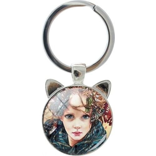 TAFREE Retro Girl Temperament Taste Pattern Novelty Handmade Silver-plated Cat Ear Keychain Men And Women Accessories Pendant