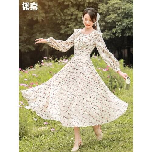 TIYIHAILEY Free Shipping 2021 Floral Print Women Boshow Long Mid-Calf Flower Lantern Sleeve Dress Spring Autumn Chiffon Big Hem