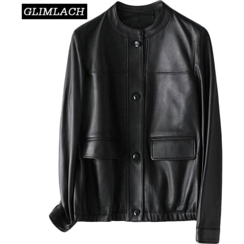 New Spring 100% Sheepskin Jacket Women Black Korean Single Breasted Stand Collar Real Leather Jacket Female Genuine Leather Coat