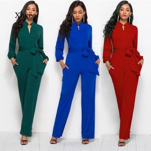 Women Wide-Leg Jumpsuit with Pocket Elegant Long Sleeve Waist Belt Button Party Romper 2020 Autumn Ladies Jumpsuit Plus Size 3Xl