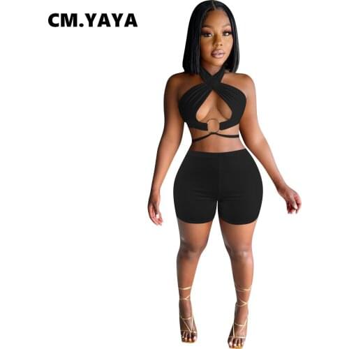 CM.YAYA Women Set Solid Sleeveless Halter Cut Out Crop Tops Stretchy Shorts Two Piece Set Sexy Swimsuit Summer Beachwear Outfit