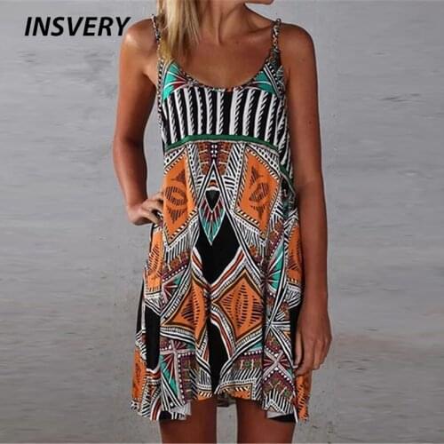Summer Vintage Print Dress Women Sleeveless O Neck Spaghetti Strap Mini Dress Boho Party Dresses For Women Streetwear 2021