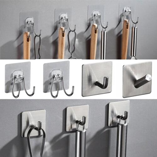 1/2/5pcs Double Hook Transparent Wall Hooks Self Adhesive Stainless Steel Coat Towel Hook for Kitchen Bathroom Hanger Organizer