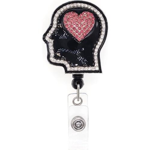 Free Shipping Brain Heart Rhinestone Retractable Id Badge Holder Reel