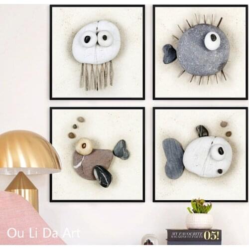 No frame cartoon stone fish landscape canvas printings oil painting printed on canvas modern home wall art decoration pictures