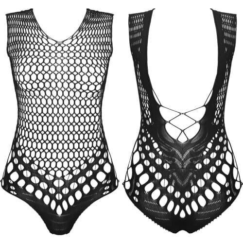 Women Female Lingerie Novelty See-through Mesh Sleeveless Bodysuit Ladies Stretchy Backless Hollow Out Apparel Leotard Nightwear