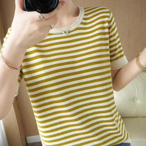 Pure cotton T-shirt womens summer new style striped knitted short-sleeved round neck casual half-sleeved pullover T-shirt