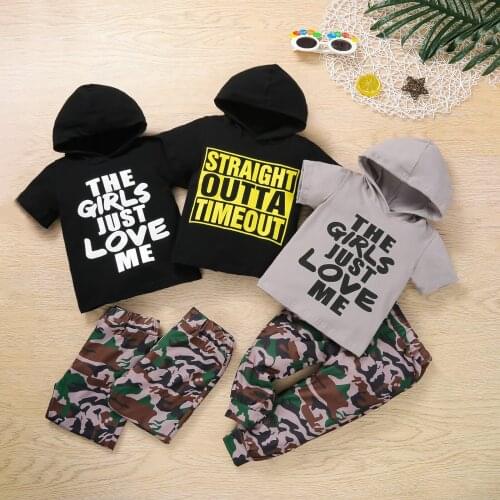 Fashion Toddler Boys Summer Clothes Sets 2pcs Letter Printed Short Sleeve Hooded T Shirts Tops Camouflage Casual Pants