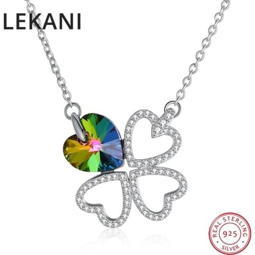 LEKANI Lucky Clover Jewelry Hearts Crystal From Swarovski Pendants Necklaces Romantic S925 Silver Collares For Women Fine Joyas