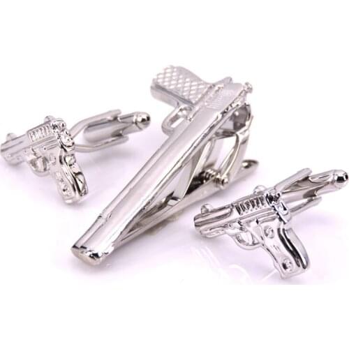 DY A set new high quality brass plating silvery gun tie clip Cufflinks mens fashion wedding Cufflinks tie clip set