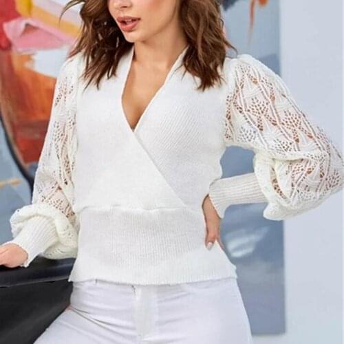 Lace Knitted Solid Color Blouses And Shirts V-neck Long Sleeve Hollow Out Womens Tops Oversized Loose Tunic Blouse Female 40