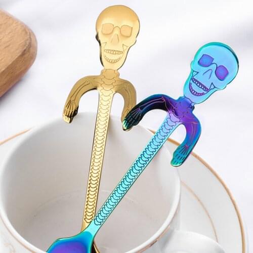 Kitchen Stainless Steel Skull Coffee Spoon Halloween DIY Tableware Long Handle Teaspoon Home Festival Party Dessert Spoons A40
