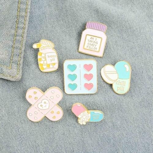Healing Enamel Pins Custom Band Aid Love Happy Crazy Pill Brooch Lapel Badge Bag Cartoon Jewelry Gift for Kids Friends