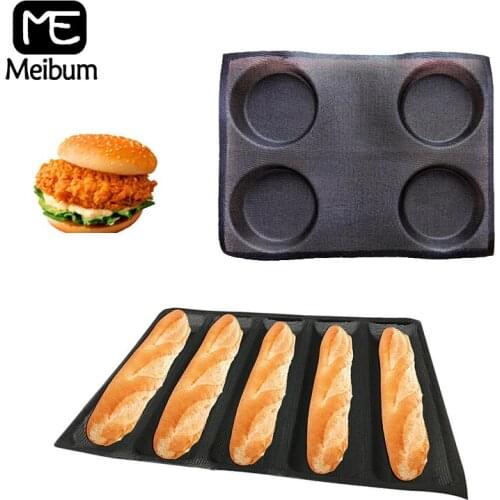 Meibum 4 Types Set Baguette Hamburger Baking Tools Non Stick Round Bread Silicone Mold Glass Fiber Form Perforated Bakeware