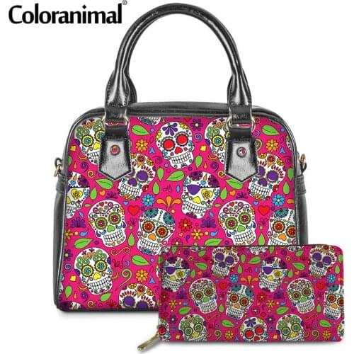 Coloranimal Fashion Sugar Skull Pattern Womens Tote Handbags 2pcs/set Stoage Bag Wallet PU Leather Crossbody Bag