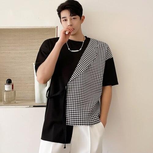 Mens Fashion Design O-neck Decor Short Sleeve T-shirt Casual Loose Tee Patchwork F47